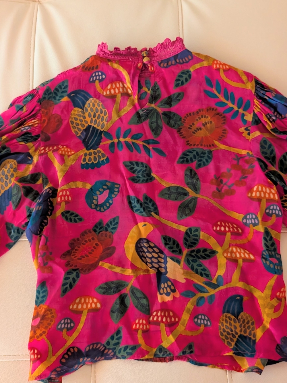 Farm Rio Deep Fuchsia Floral Lace-Trim Blouse (Floral Yard Blush) XS / S - Picture 3 of 8